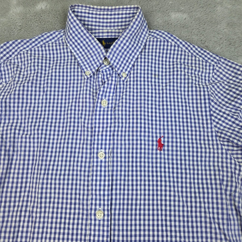 Ralph Lauren Button Down Shirt Mens S Short Sleeve Gingham Plaid Blue and White